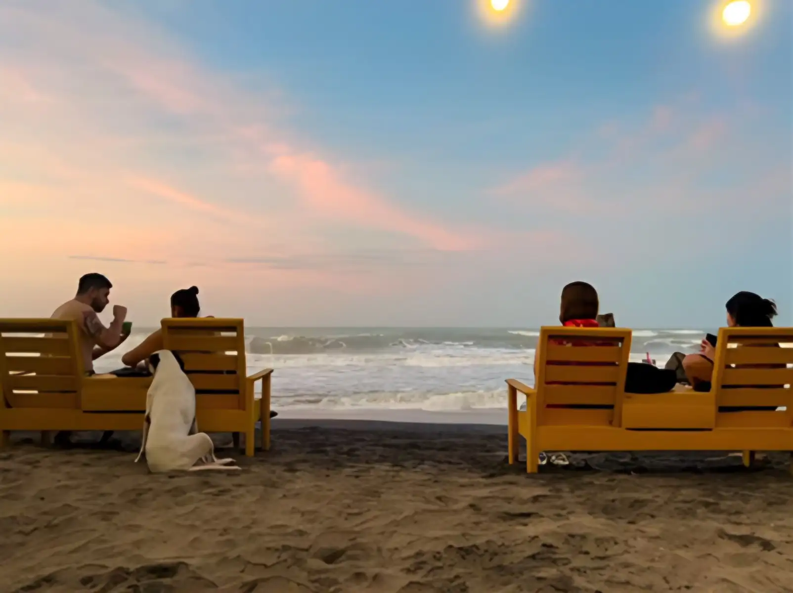 Personas y un perro en sillas amarillas de madera frente al mar, al atardecer.